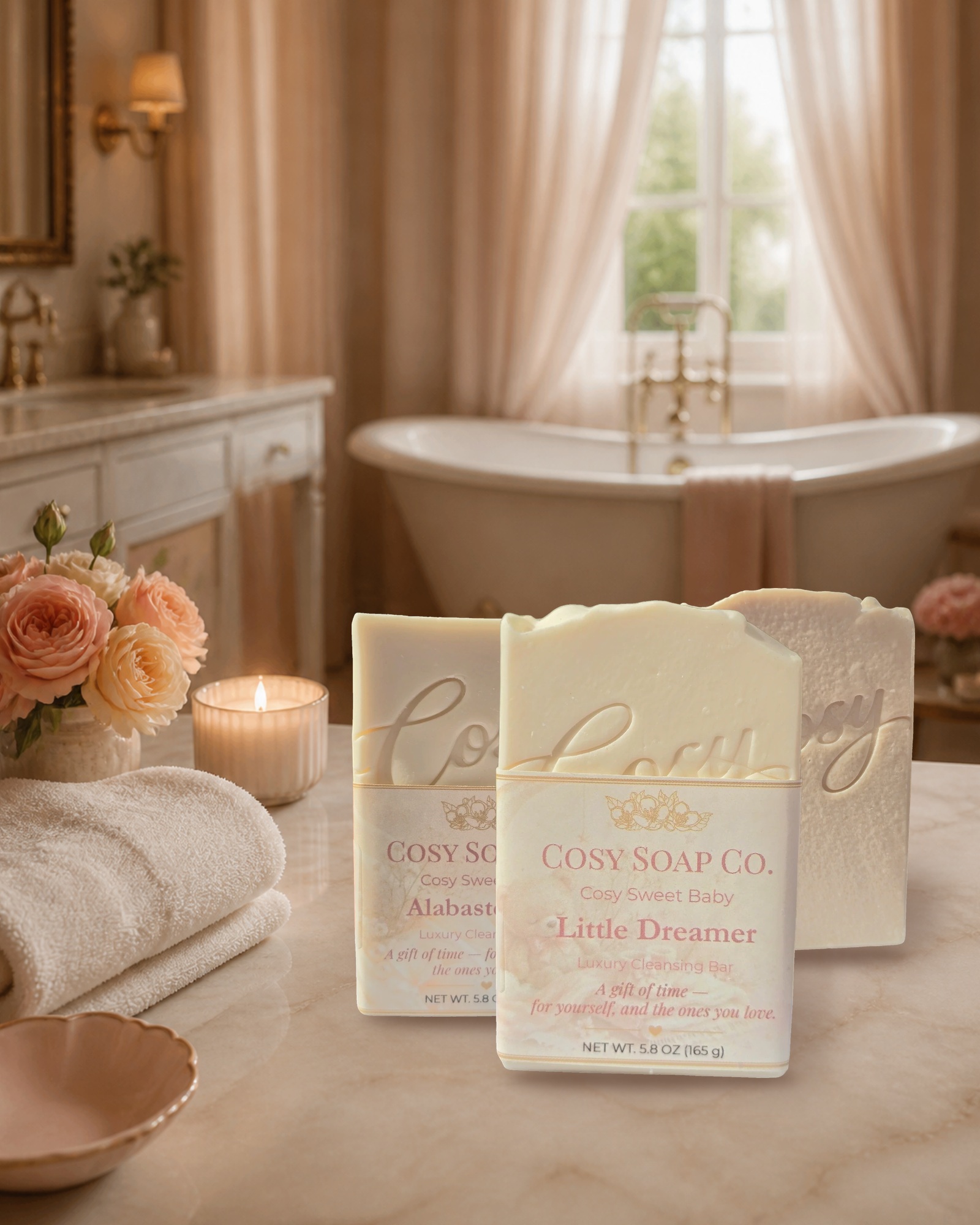 Three Cosy Soap Co. bars on a bathroom vanity beside a clawfoot tub and roses